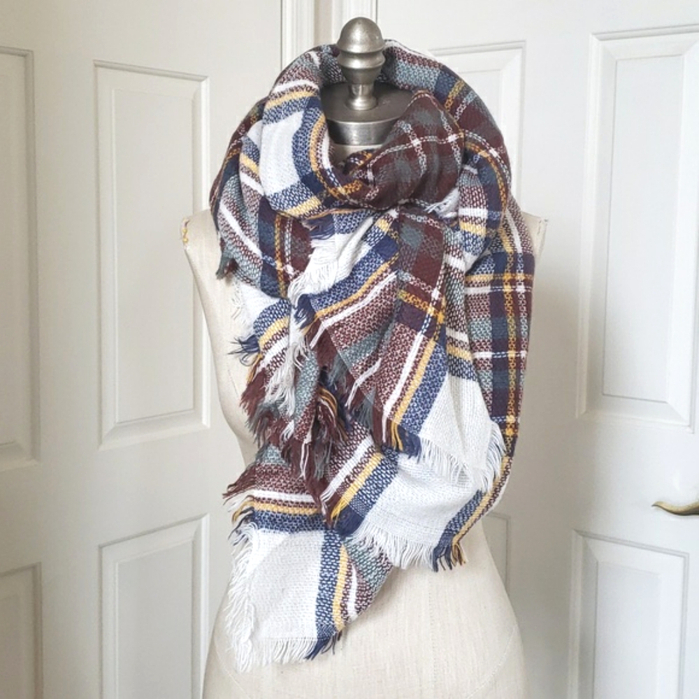 Oversized Plaid Blanket Scarf Square Fringe Cream Brown Green Blue 58x58 Wrap - Picture 4 of 10
